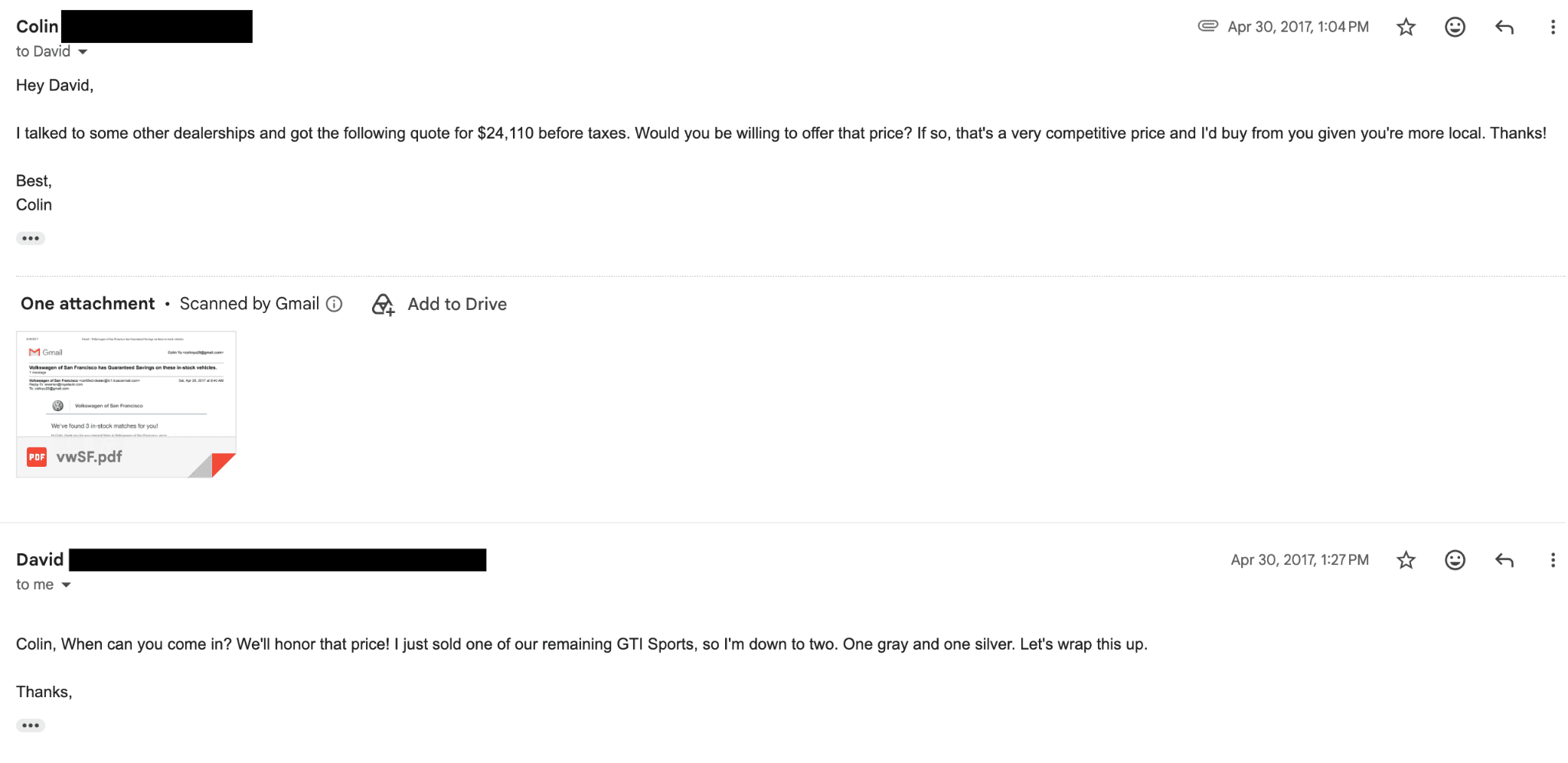 Redacted 2017 email exchange asking a Volkswagen dealer to honor a $24,110 written offer