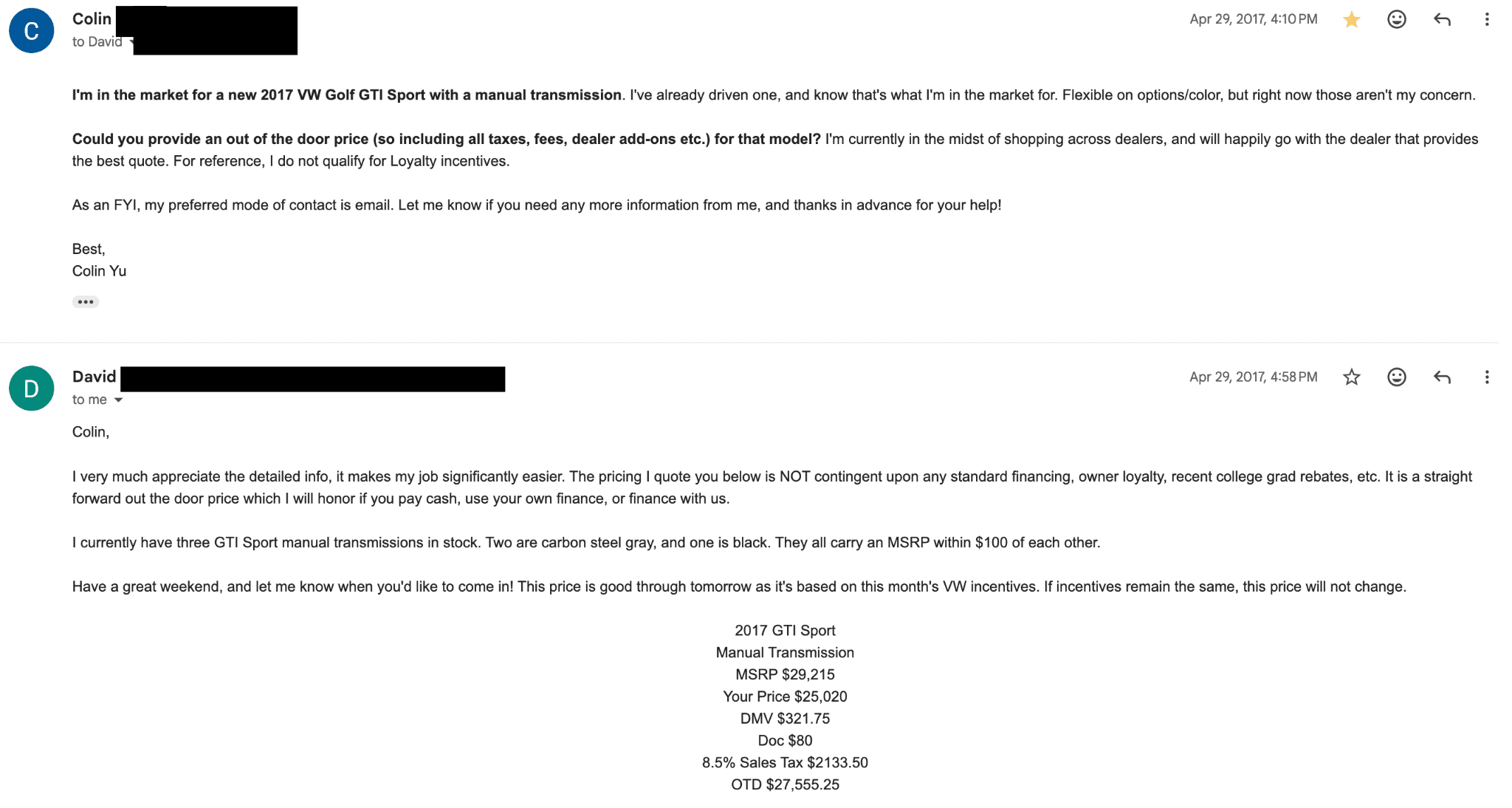 Redacted 2017 email exchange requesting an itemized out-the-door quote for a Volkswagen Golf GTI
