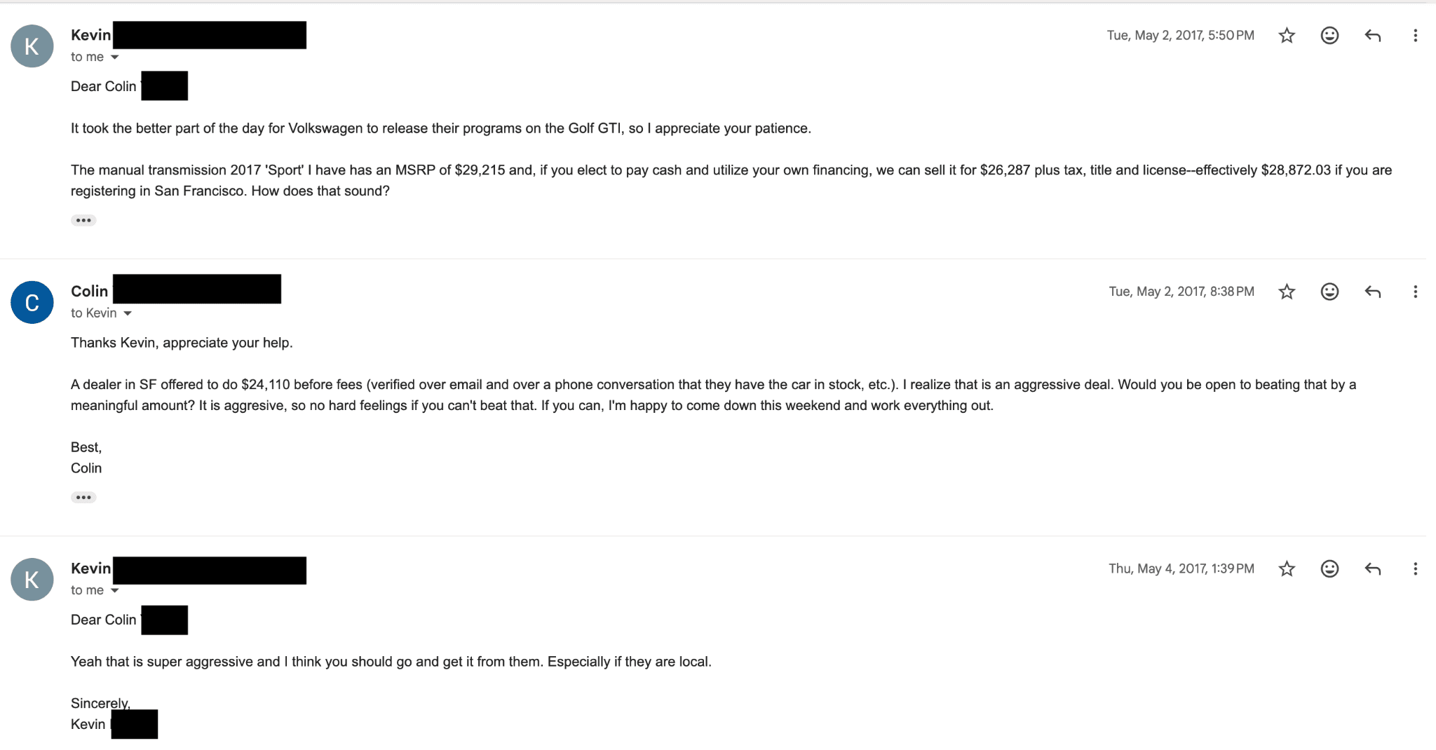Redacted 2017 dealer email saying a competing $24,110 Golf GTI offer was super aggressive